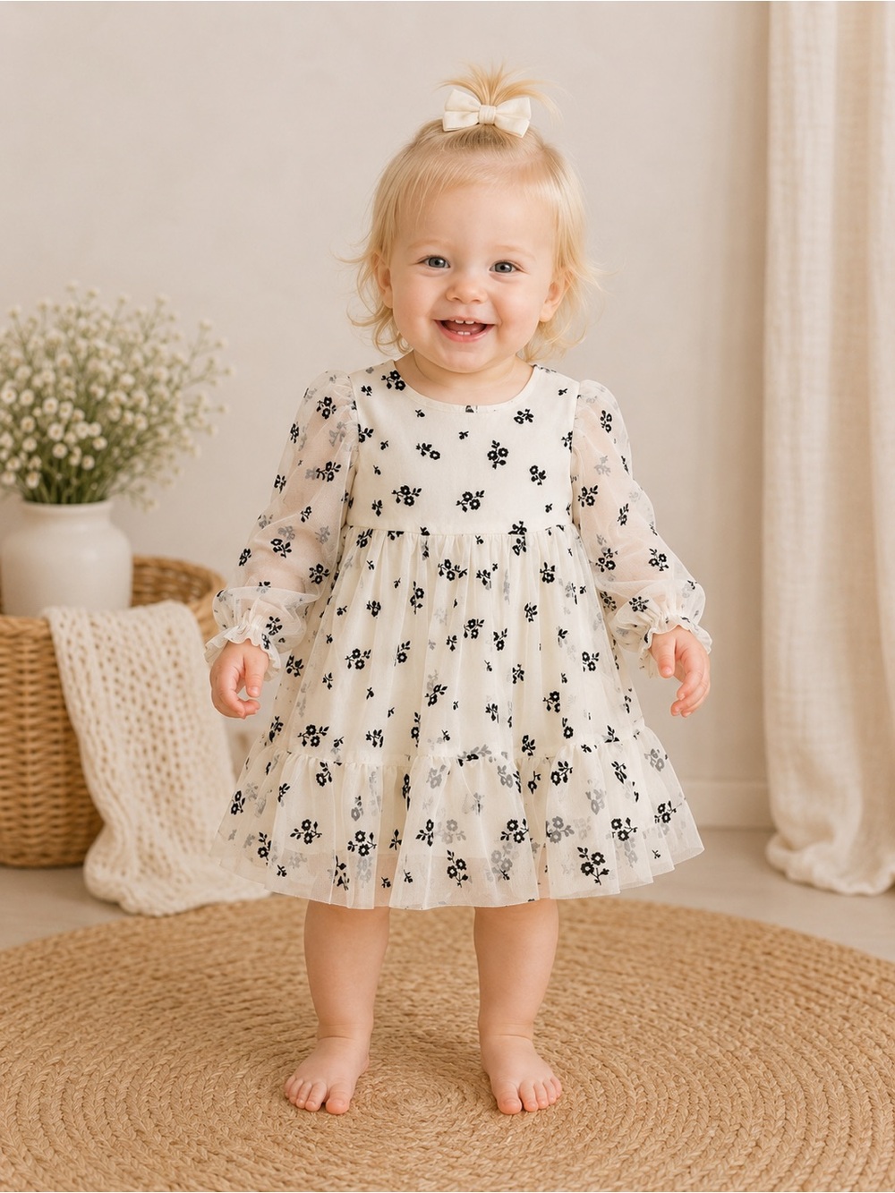 Gap Baby Toddler Ivory Black Floral Tulle Dress Long Sleeve | Size 12-18M